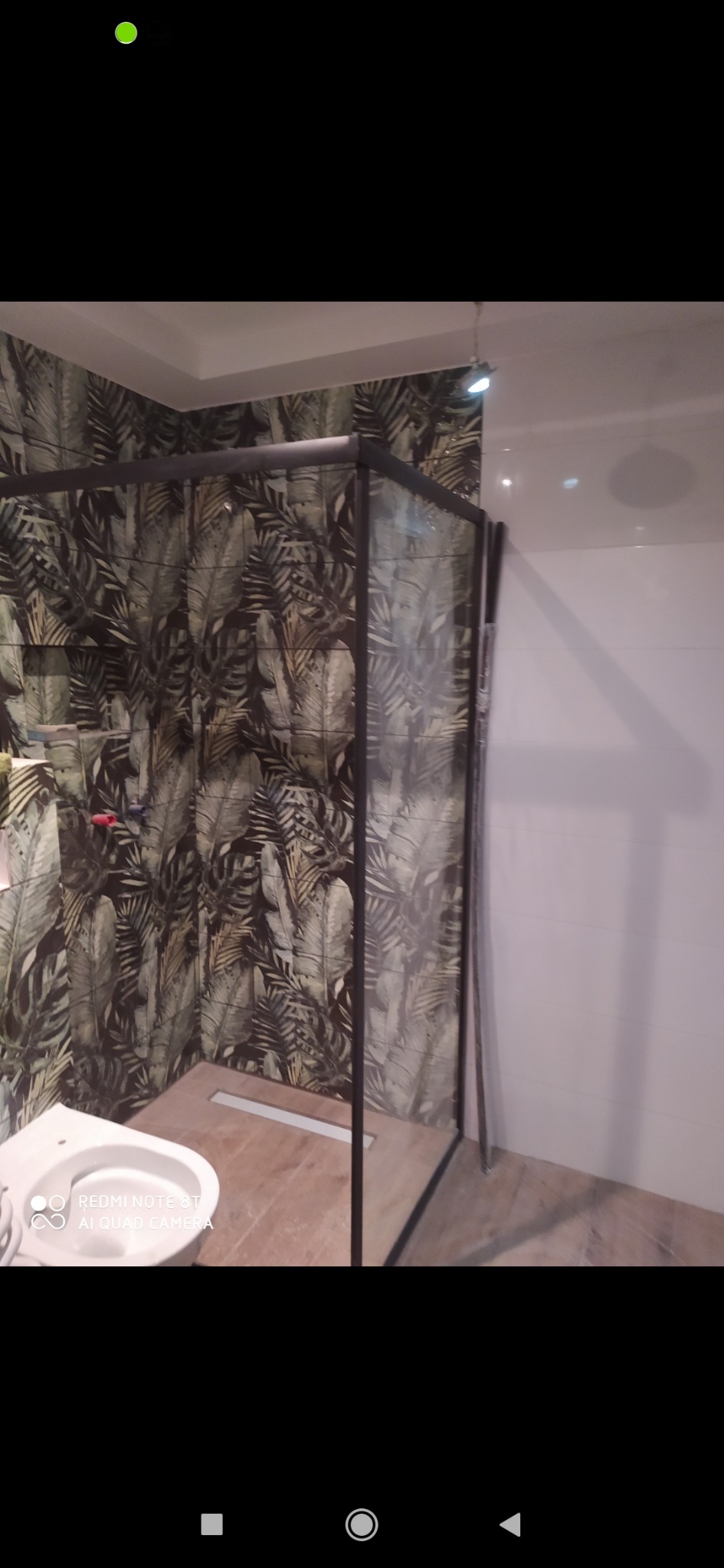 Nowoczesna łazienka z kabiną prysznicową typu walk-in z czarnymi profilami, płytkami w tropikalne liście na jednej ścianie i białymi płytkami na pozostałych, oraz toaletą w rogu.