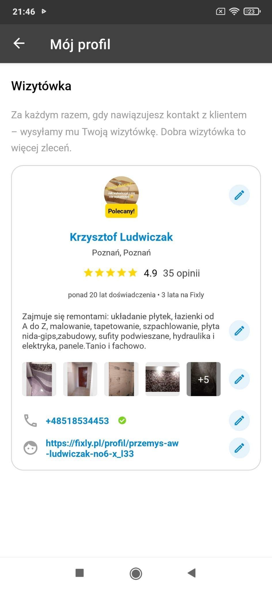 Zrzut ekranu profilu firmy remontowej Krzysztofa Ludwiczaka na platformie Fixly, prezentujący wizytówkę z oceną 4.9 na podstawie 35 opinii, opisem działalności obejmującym m.in. układanie płytek...