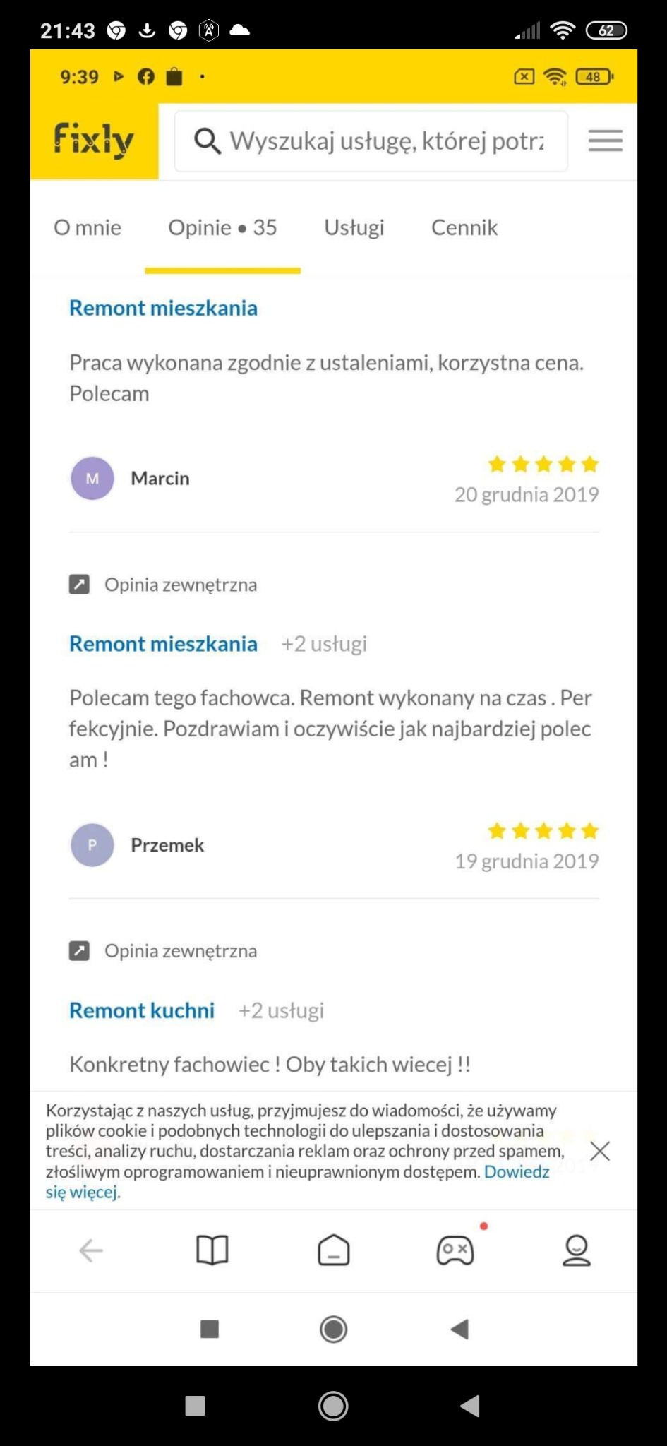 Zrzut ekranu aplikacji Fixly z opiniami klientów o usłudze remontu mieszkania i remontu kuchni, z ocenami w postaci gwiazdek i datami wystawienia opinii.