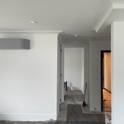 Bild in Sp.zo.o. - Wnętrze w trakcie prac: świeżo pomalowane ściany i sufit z dekoracyjną sztukaterią, podłoga zabezpieczona folią malarską, widoczne narzędzia i wiadro farby.