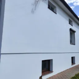 Jasna, pomalowana na biało elewacja budynku z widocznymi oknami z brązowymi ramami, kostką brukową i krzewami przy podstawie, cień przewodów elektrycznych na ścianie