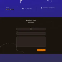 Przedstawienie strony internetowej z mapą świata, na której zaznaczone są lokalizacje filii firmy, w tle gradient koloru niebieskiego i czarnego, formularz kontaktowy na dole strony oraz sekcja...
