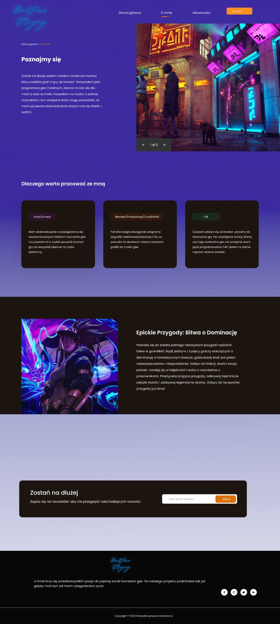 Grafika koncepcyjna cyberpunkowego miasta z postacią w płaszczu i towarzyszącym jej kotem, neonowe szyldy i futurystyczna architektura.