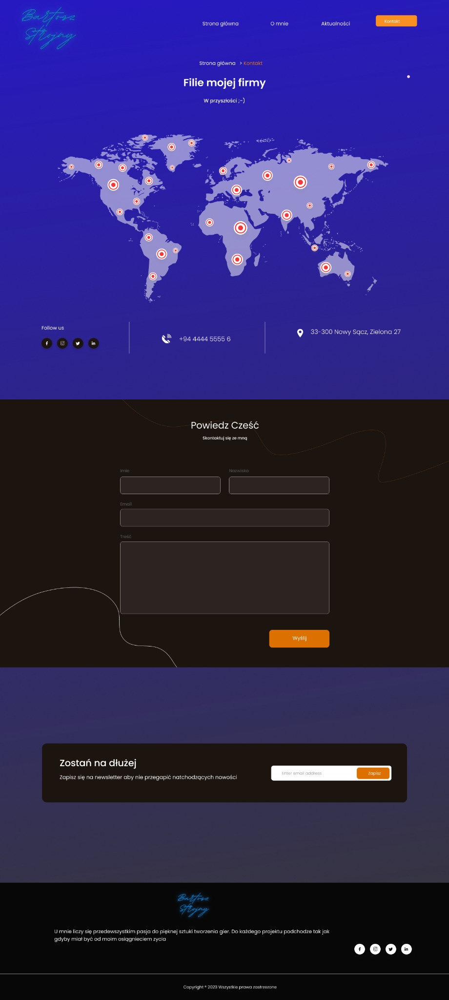 Przedstawienie strony internetowej z mapą świata, na której zaznaczone są lokalizacje filii firmy, w tle gradient koloru niebieskiego i czarnego, formularz kontaktowy na dole strony oraz sekcja...