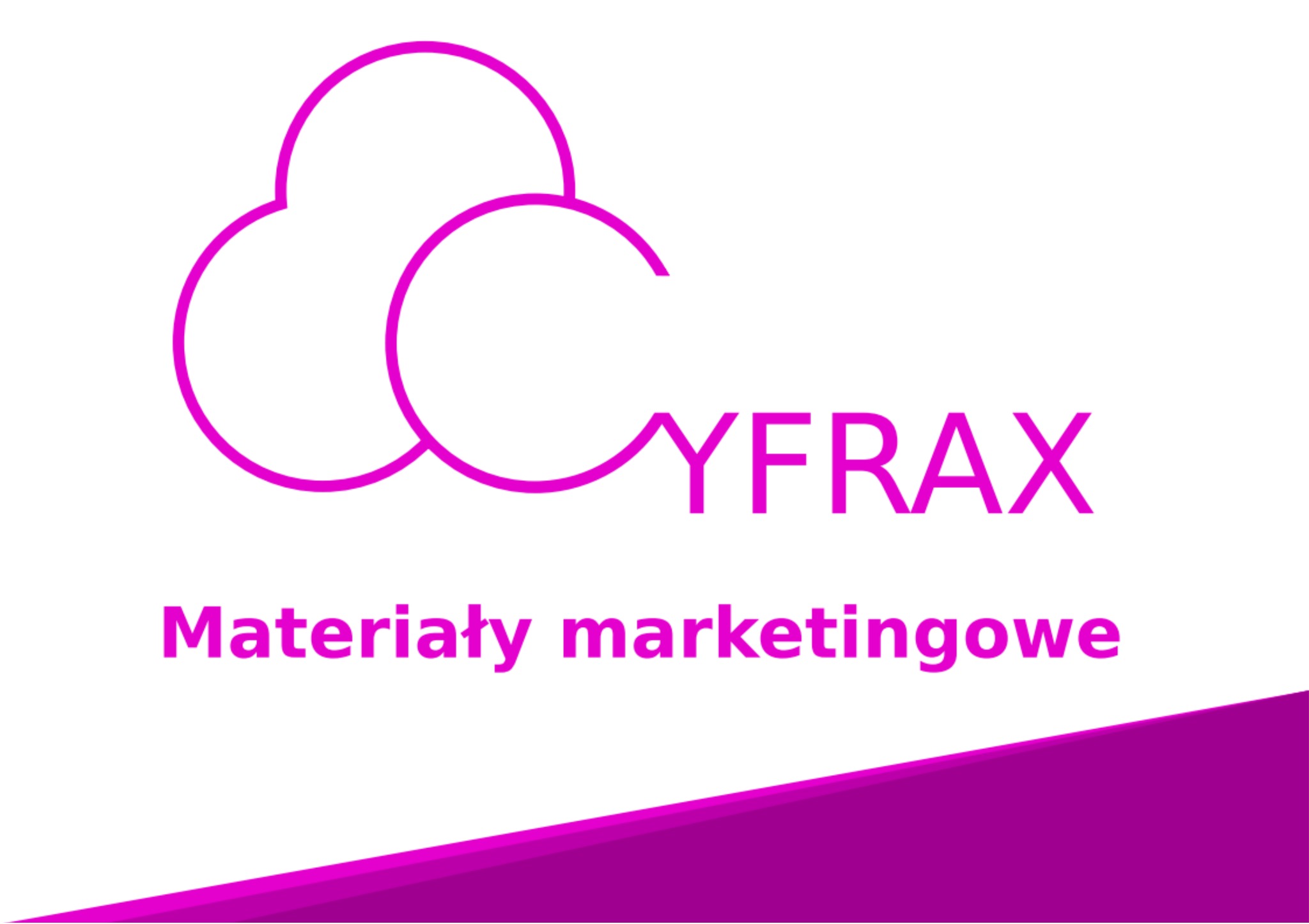 Fioletowy logotyp firmy Cyfrax z abstrakcyjnym symbolem chmury i tekstem 'Materiały marketingowe' na białym tle.