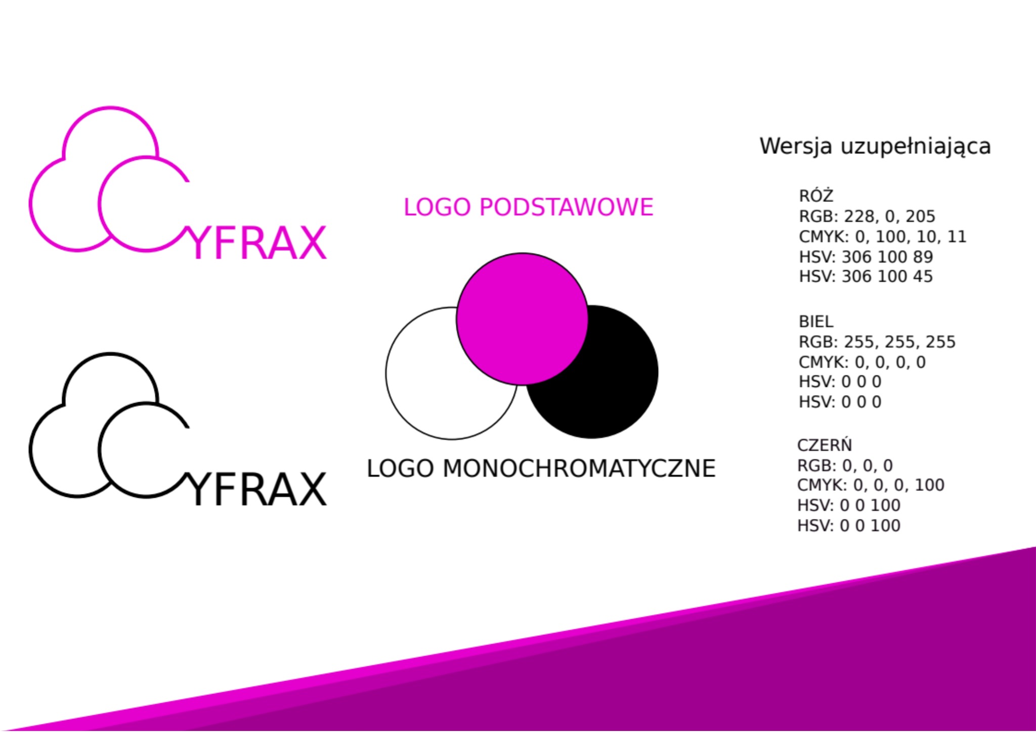 Wizualizacja logo firmy w trzech wariantach: kolorowym, monochromatycznym i uproszczonym, wraz ze specyfikacją kolorów RGB, CMYK i HSV.