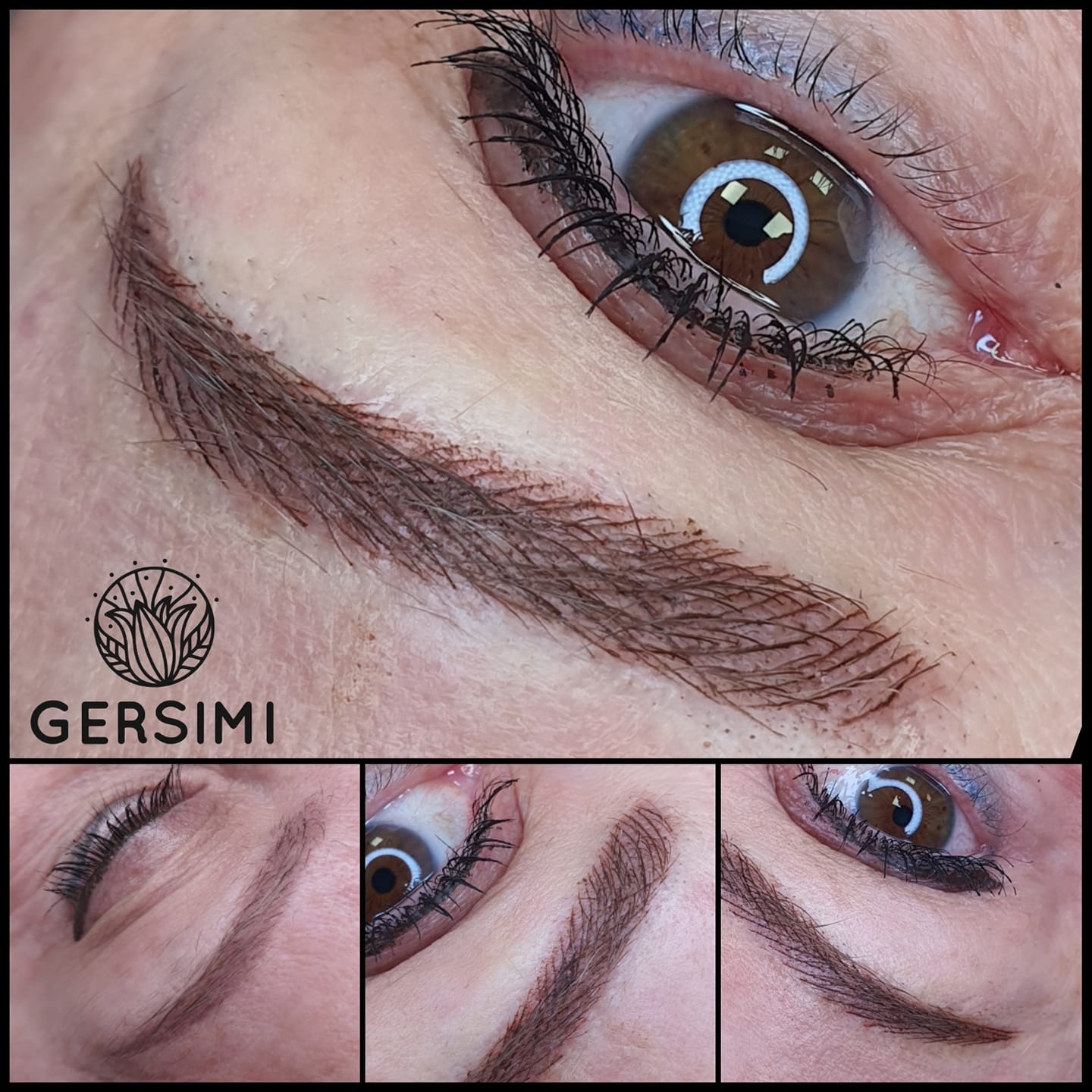 Zbliżenie na oko z brwiami po zabiegu microbladingu; widoczne precyzyjnie wykonane włoski i logo salonu w lewym dolnym rogu.