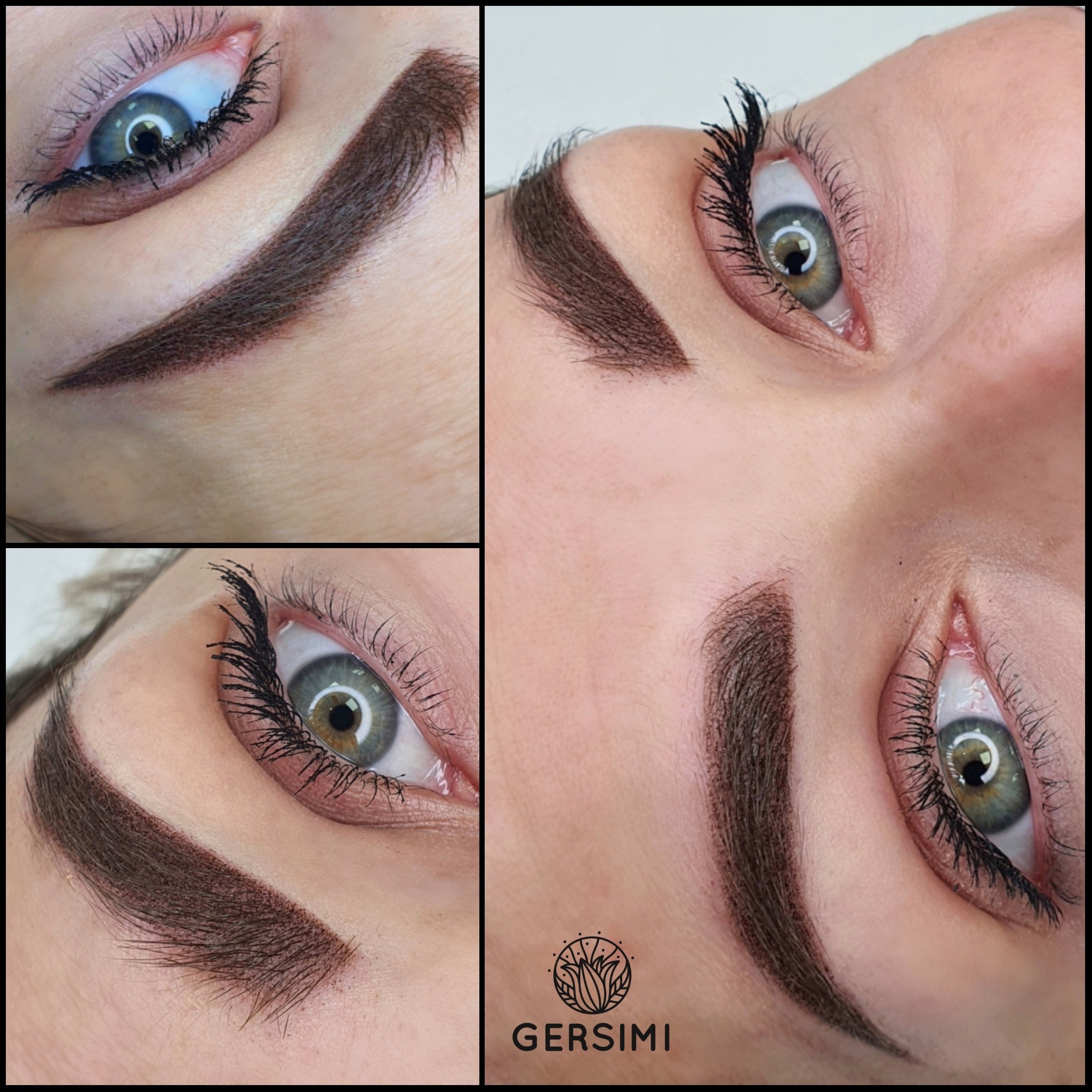 Zbliżenie na brwi po zabiegu pigmentacji, widoczne detale koloru i kształtu, podkreślone rzęsy i oko z wyraźną tęczówką.