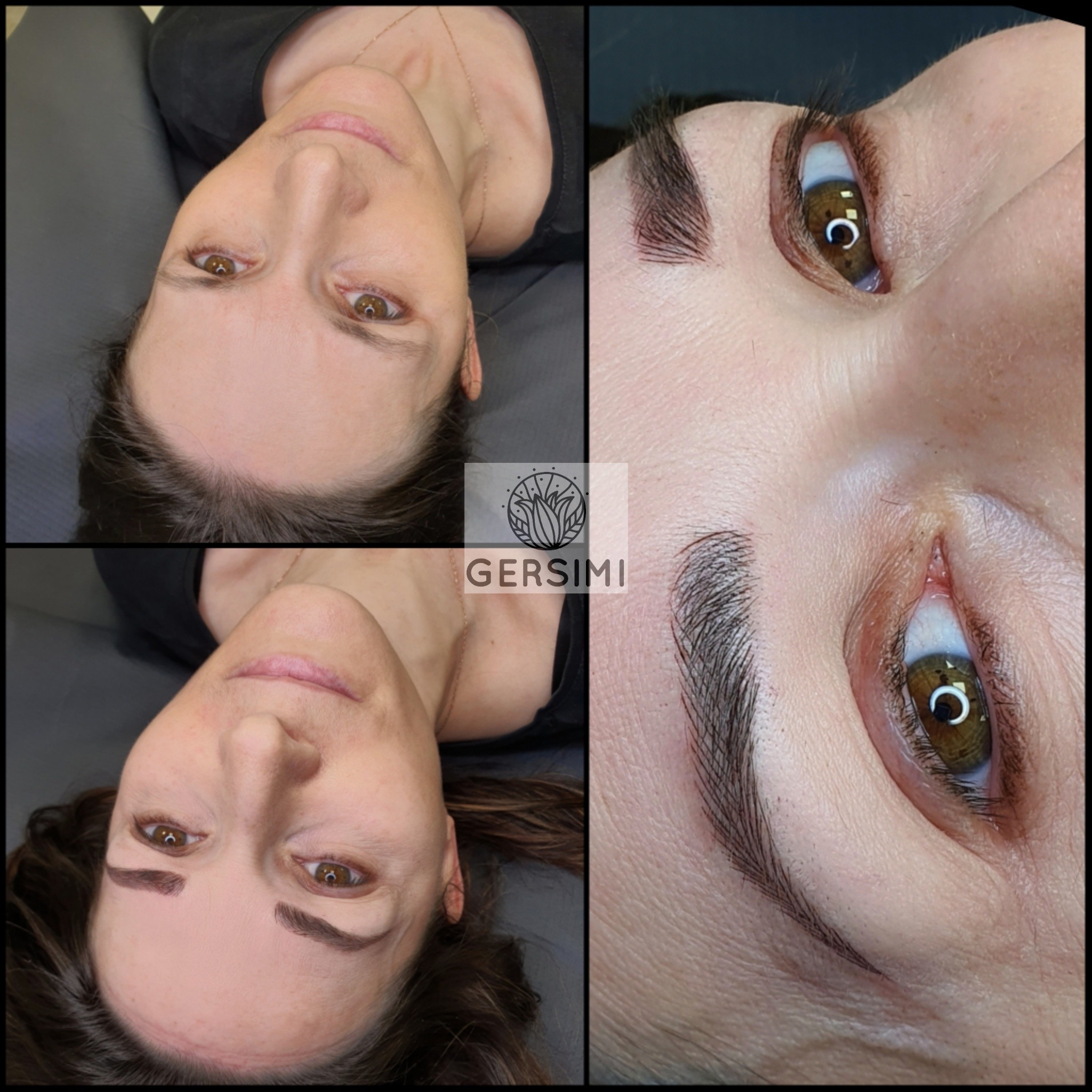 Kobieta leżąca na leżance z widocznymi brwiami po zabiegu pigmentacji permanentnej, zbliżenie na pojedyncze włoski i kolor, widoczne logo firmy.