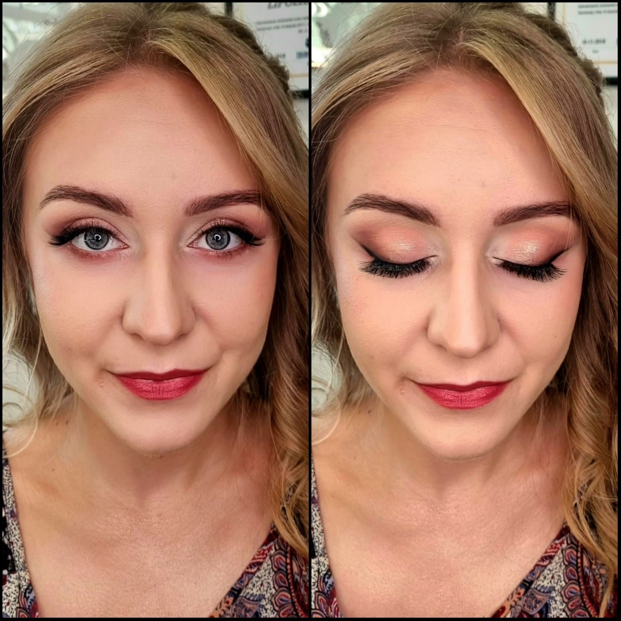 Portret blondynki z profesjonalnym makijażem: wyraźne podkreślone oczy z długimi rzęsami i czerwone usta, widoczne dwa ujęcia z otwartymi i zamkniętymi oczami.