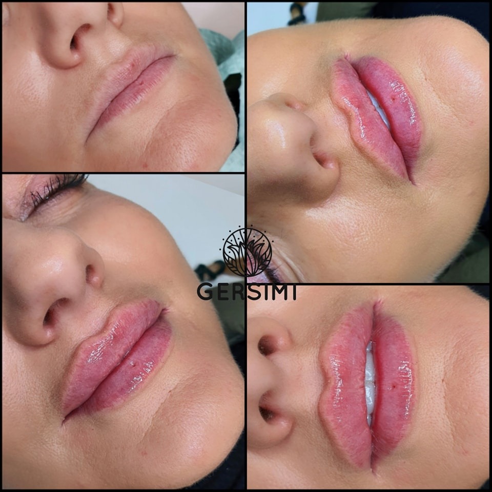 Cztery ujęcia ust kobiety przed i po zabiegu makijażu permanentnego, prezentujące subtelne podkreślenie konturu i wypełnienie kolorem, z logo firmy w centralnej części kadru.