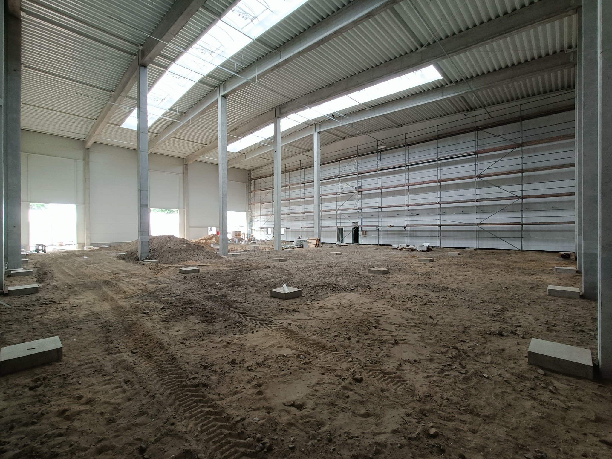 Wnętrze hali w trakcie budowy, widoczne betonowe słupy, stalowa konstrukcja dachu z oknami dachowymi, rusztowania przy ścianie i ziemia na podłodze z widocznymi śladami opon.