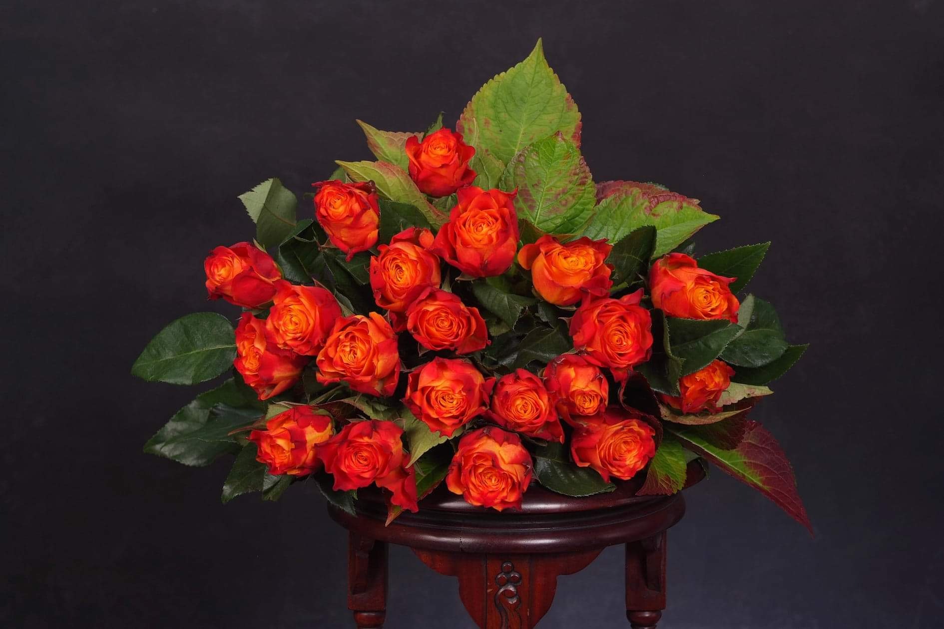 Bukiet pomarańczowo-czerwonych róż na ciemnym, drewnianym stoliku na tle ciemnoszarego tła.