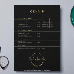 Cennik usług stylizacji rzęs i brwi, prezentowany obok filiżanki kawy i okularów w czarnych oprawkach z elementami w kolorze złotym.