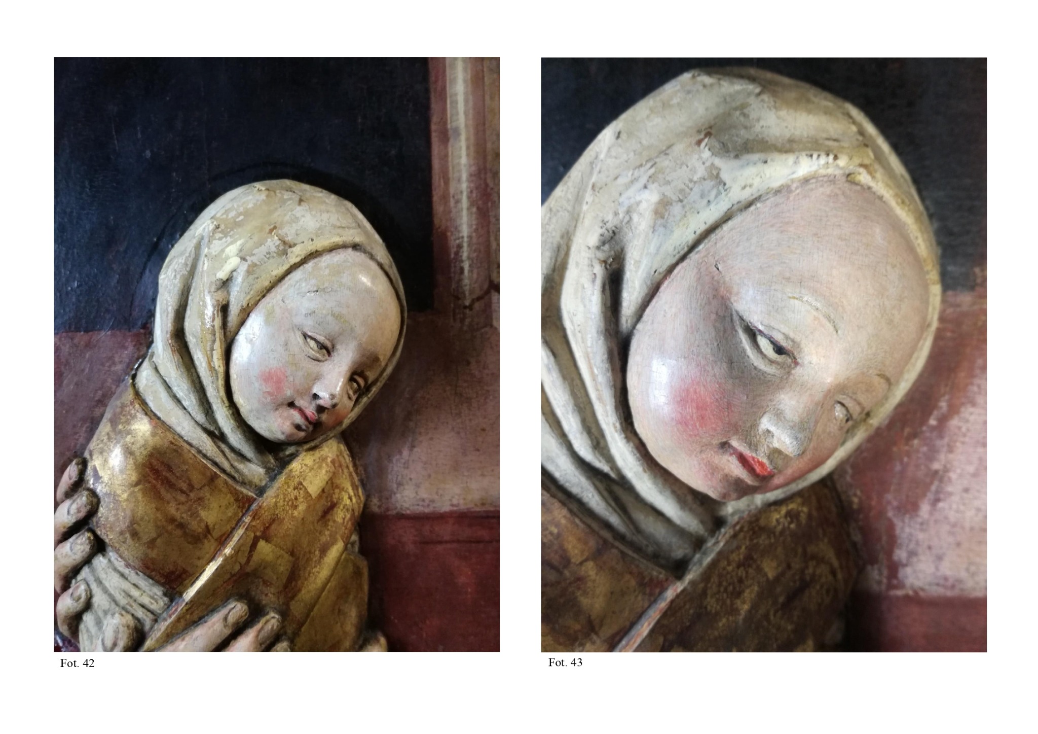 Dwa ujęcia drewnianej płaskorzeźby przedstawiającej głowę kobiety w chuście, z widocznymi śladami farby i delikatnymi rysami na powierzchni.