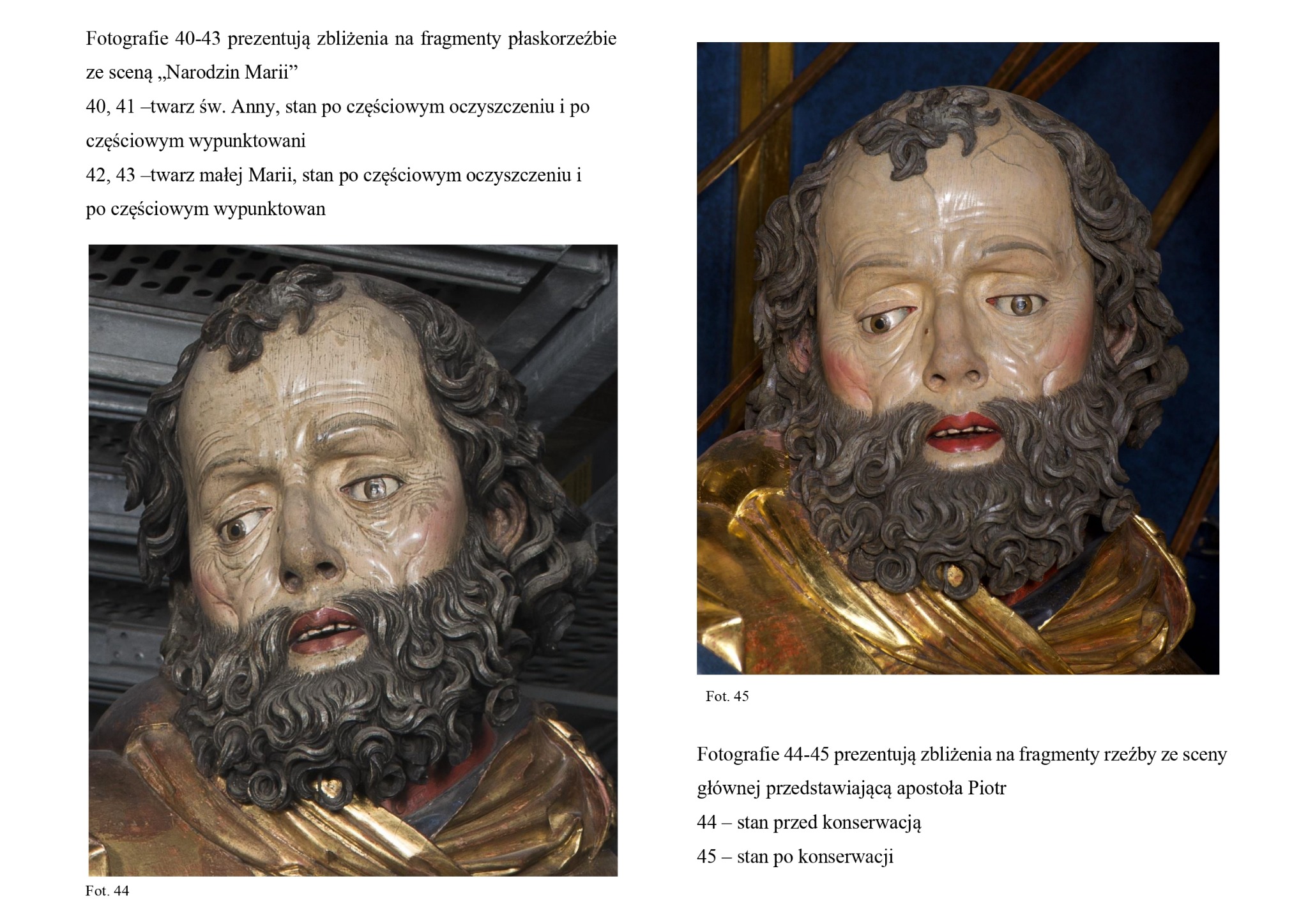 Dwa zbliżenia na fragmenty rzeźby przedstawiającej apostoła Piotra, widoczne różnice w fakturze i kolorze po konserwacji.