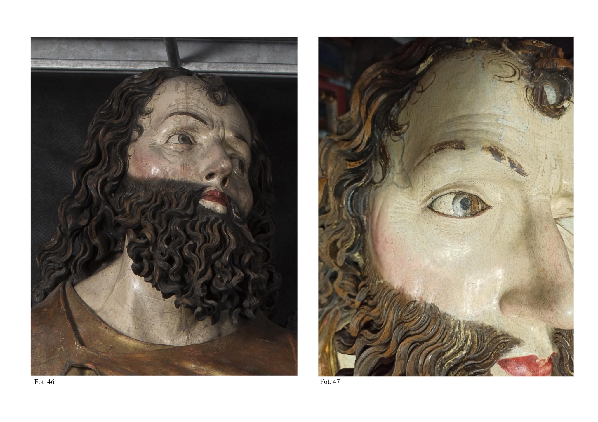 Dwa zbliżenia na drewniane rzeźby głów mężczyzn z kręconymi włosami i brodami, widoczne pęknięcia i ubytki farby, różne oświetlenie i kąty ujęcia.