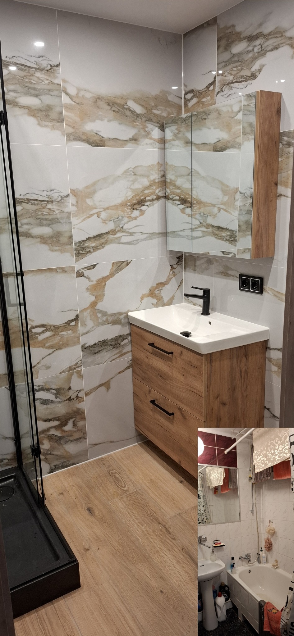 Nowoczesna łazienka z kabiną prysznicową z czarnymi ramami, umywalką w szafce z drewnopodobnym fornirem i czarną armaturą, lustro w szafce oraz płytki imitujące marmur na ścianach, kontrastująca...