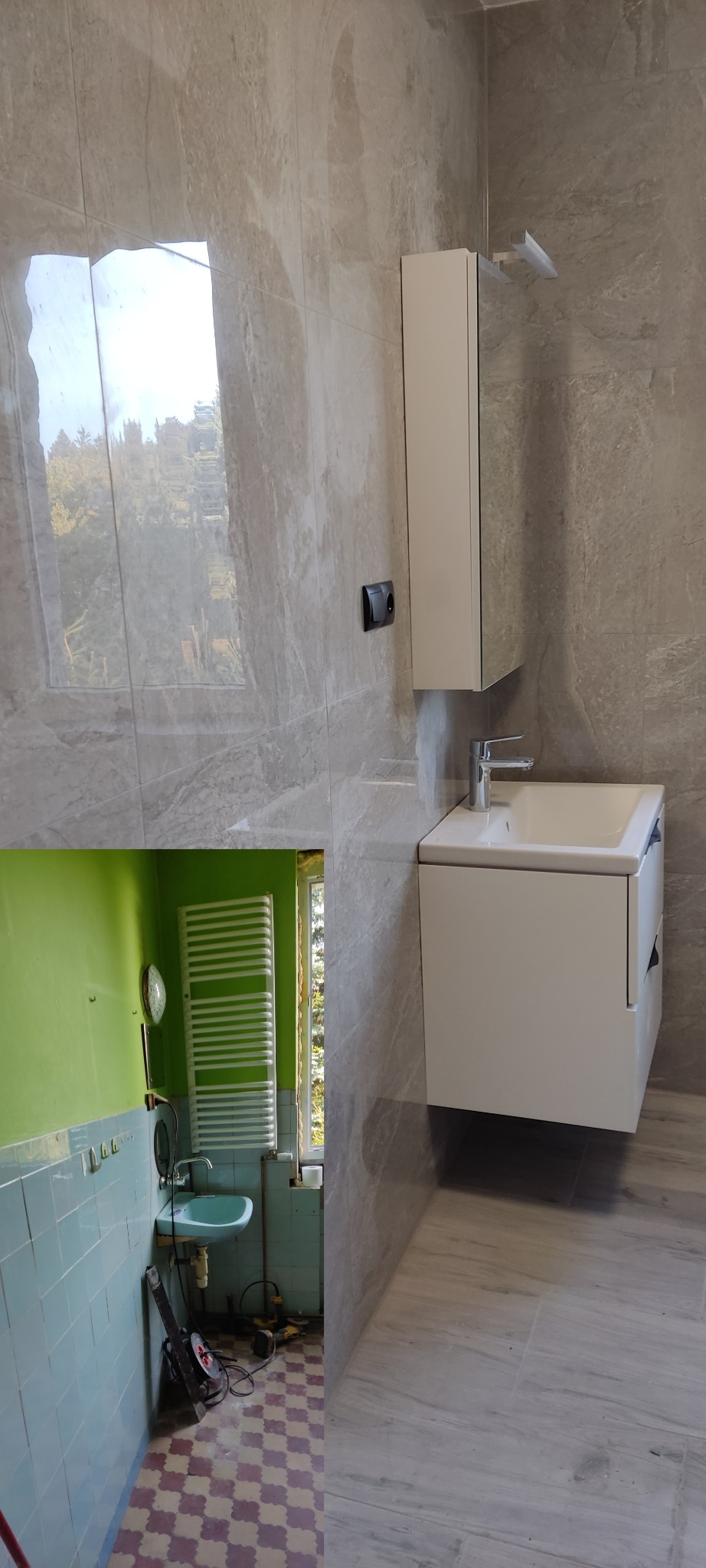 Fragment łazienki w Kamiennej Górze, prezentujący efekt przed i po zmianach. Nowa biała szafka z umywalką na tle marmurowych płytek, kontrastująca z fragmentem starej łazienki z niebieskimi...