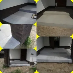 Montaż kamiennych schodów wejściowych z szarego granitu, widoczne detale wykończenia i dopasowanie do elewacji budynku, z bliska na kolażu.