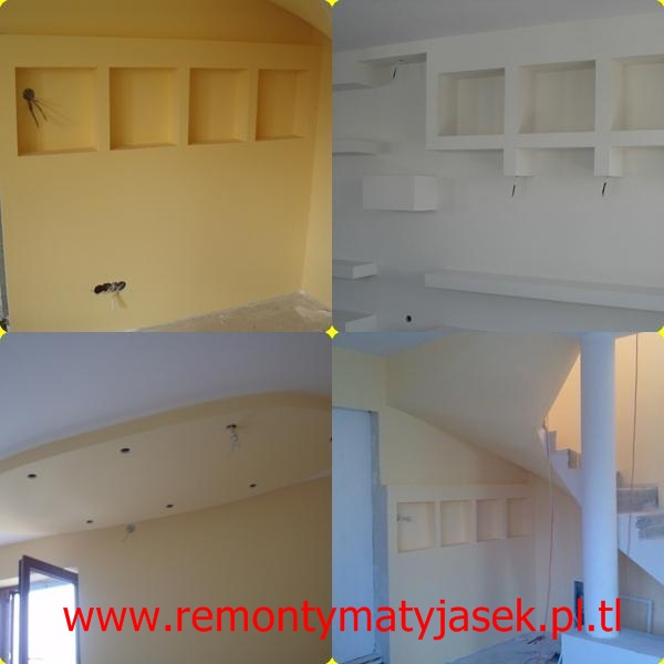 Mozaika zdjęć przedstawiająca wnętrza w trakcie prac wykończeniowych: żółta ściana z wnękami, biała ściana z półkami, sufit z instalacją elektryczną i fragment klatki schodowej z kolumną.