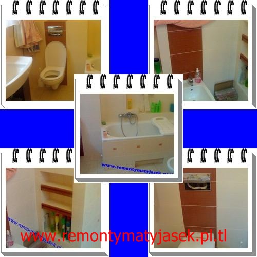 Mozaika zdjęć przedstawiająca różne ujęcia wyremontowanej łazienki z wanną, toaletą, umywalką i półkami wnękowymi. Widoczne brązowe i białe płytki oraz akcesoria łazienkowe. Na zdjęciach widoczny...