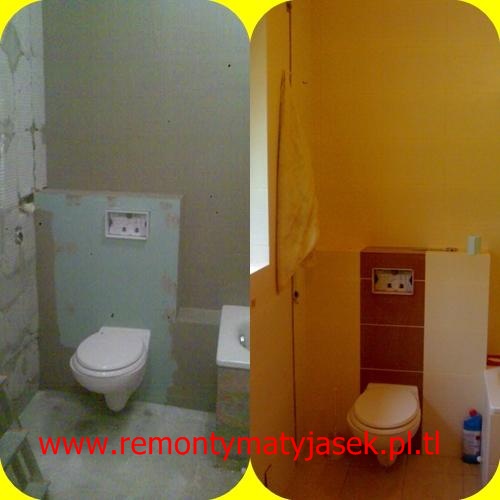 Dwa ujęcia tej samej łazienki: po lewej remont w trakcie z widocznymi płytami gipsowo-kartonowymi na ścianie i surowym wykończeniem, po prawej łazienka po remoncie z wykończonymi ścianami...