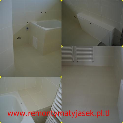 Wnętrze łazienki po remoncie z beżowymi płytkami, widoczne elementy: wanna obudowana płytkami, grzejnik drabinkowy, zabudowa pionu wodno-kanalizacyjnego. Na dole zdjęcia widoczny adres strony...