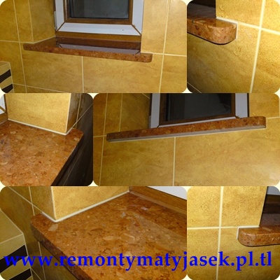 Szczegółowe ujęcia parapetów z brązowego kamienia z widoczną strukturą, zamontowanych w łazience z żółtymi płytkami, wykończone białym silikonem.