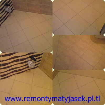 Kafelki podłogowe ułożone w kwadraty, widok na narożnik łazienki z dekoracyjną ścianą w brązowe fale, widoczne lampy sufitowe.