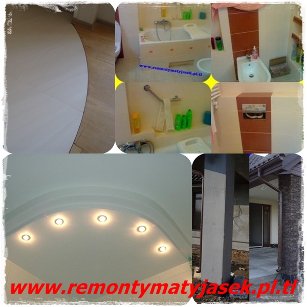 Mozaika zdjęć przedstawiająca różne etapy prac wykończeniowych: fragment podłogi, detale łazienki z białą armaturą, sufit podwieszany z oświetleniem punktowym oraz filar budynku z rynną spustową.