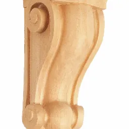 Drewniana, dekoracyjna konsola w kolorze jasnego drewna, z subtelnymi zdobieniami w postaci spiral i kulistych elementów, idealna do montażu pod blatem lub półką.