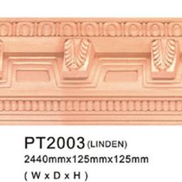 Decorate - Profilowana listwa dekoracyjna z drewna lipowego, model PT2003, o wymiarach 2440mm x 125mm x 125mm, widok z przodu i schemat przekroju.