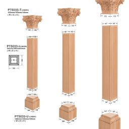 Decorate - Wizualizacja trzech wariantów drewnianych pilastrów z kapitelami i bazami, prezentująca wymiary i przekroje, na białym tle.