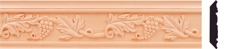 Dekoracyjna listwa przypodłogowa z drewna z motywem winogron i liści, profil boczny listwy w prawym rogu.
