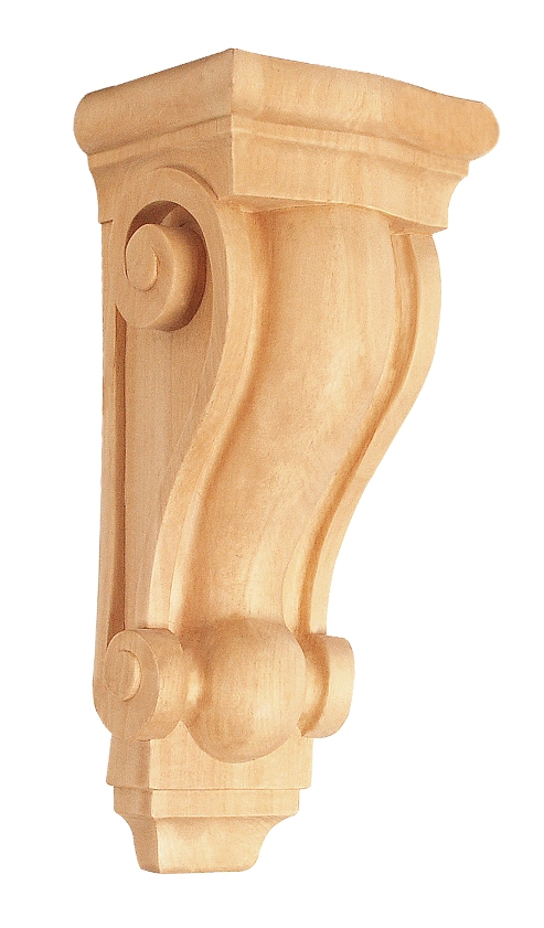 Drewniana, dekoracyjna konsola w kolorze jasnego drewna, z subtelnymi zdobieniami w postaci spiral i kulistych elementów, idealna do montażu pod blatem lub półką.