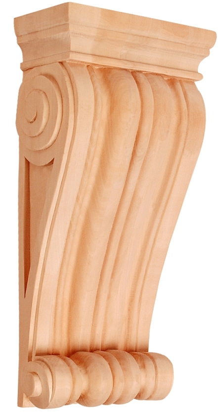 Drewniany, surowy wspornik dekoracyjny z motywem woluty i żłobieniami, przeznaczony do montażu pod półką lub blatem.
