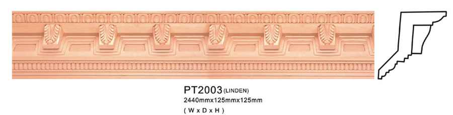 Profilowana listwa dekoracyjna z drewna lipowego, model PT2003, o wymiarach 2440mm x 125mm x 125mm, widok z przodu i schemat przekroju.