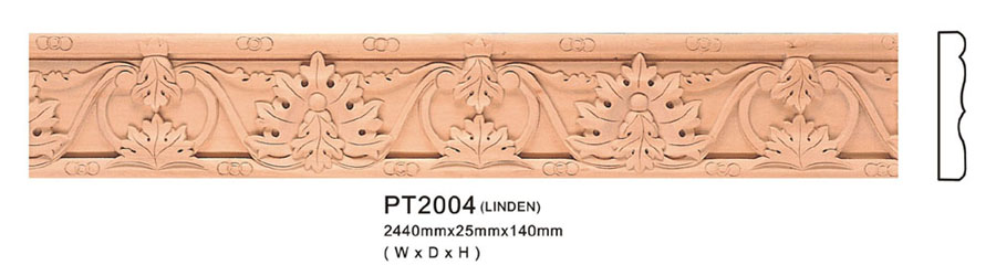 Profilowana listwa dekoracyjna z drewna lipowego, model PT2004, o wymiarach 2440x25x140 mm, z ornamentem roślinnym i schematycznym przekrojem.