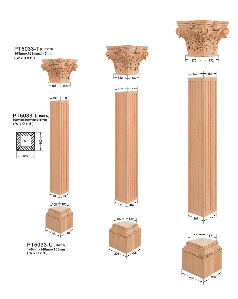 Wizualizacja trzech wariantów drewnianych pilastrów z kapitelami i bazami, prezentująca wymiary i przekroje, na białym tle.