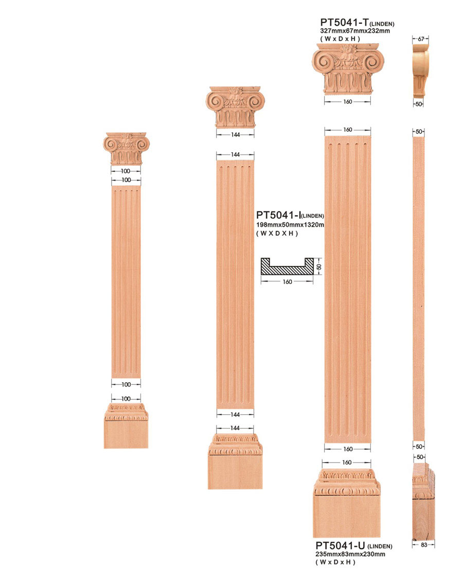Rysunek techniczny przedstawiający różne modele i wymiary dekoracyjnych, drewnianych pilastrów i kolumn z kapitelami i bazami, w tym przekrój poprzeczny jednego z modeli.