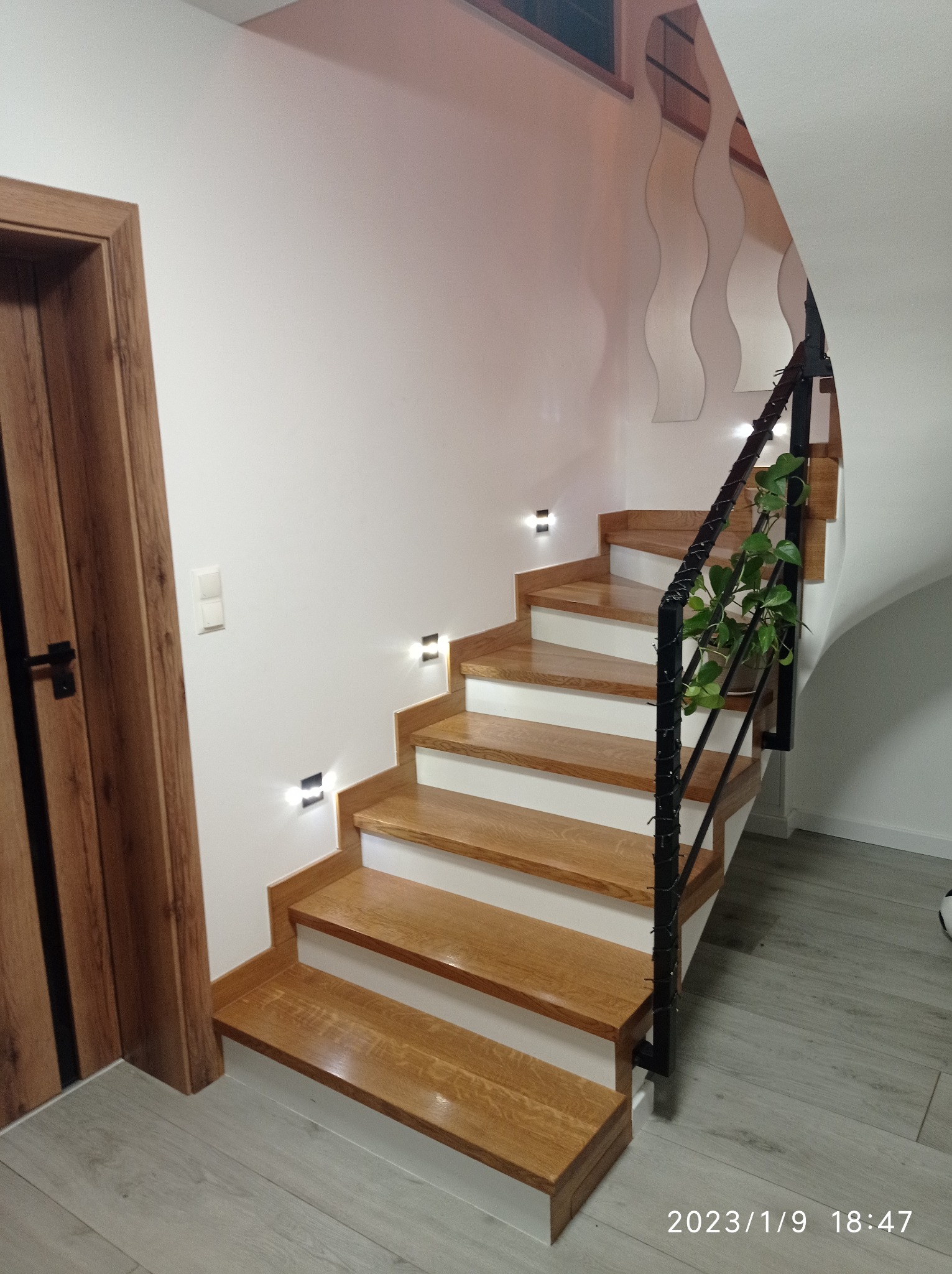 Drewniane schody z podświetleniem LED na ścianie, czarna balustrada z rośliną doniczkową, obok drewniane drzwi i dekoracyjne panele ścienne.