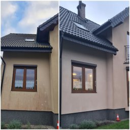 FIRMA HANDLOWO-USŁUGOWA MAR-KO TECH Mariusz Krzykwa - Porównanie elewacji domu przed i po myciu: widoczne różnice w czystości ściany wokół okna, od ciemnych zabrudzeń do jasnego, odświeżonego wyglądu.