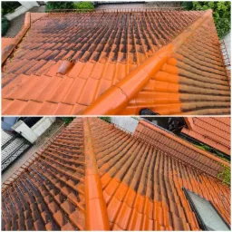 Częściowo umyty dach z czerwonej dachówki, widoczna różnica między czystą i brudną powierzchnią, rynna pomalowana na pomarańczowo, ujęcie z góry.