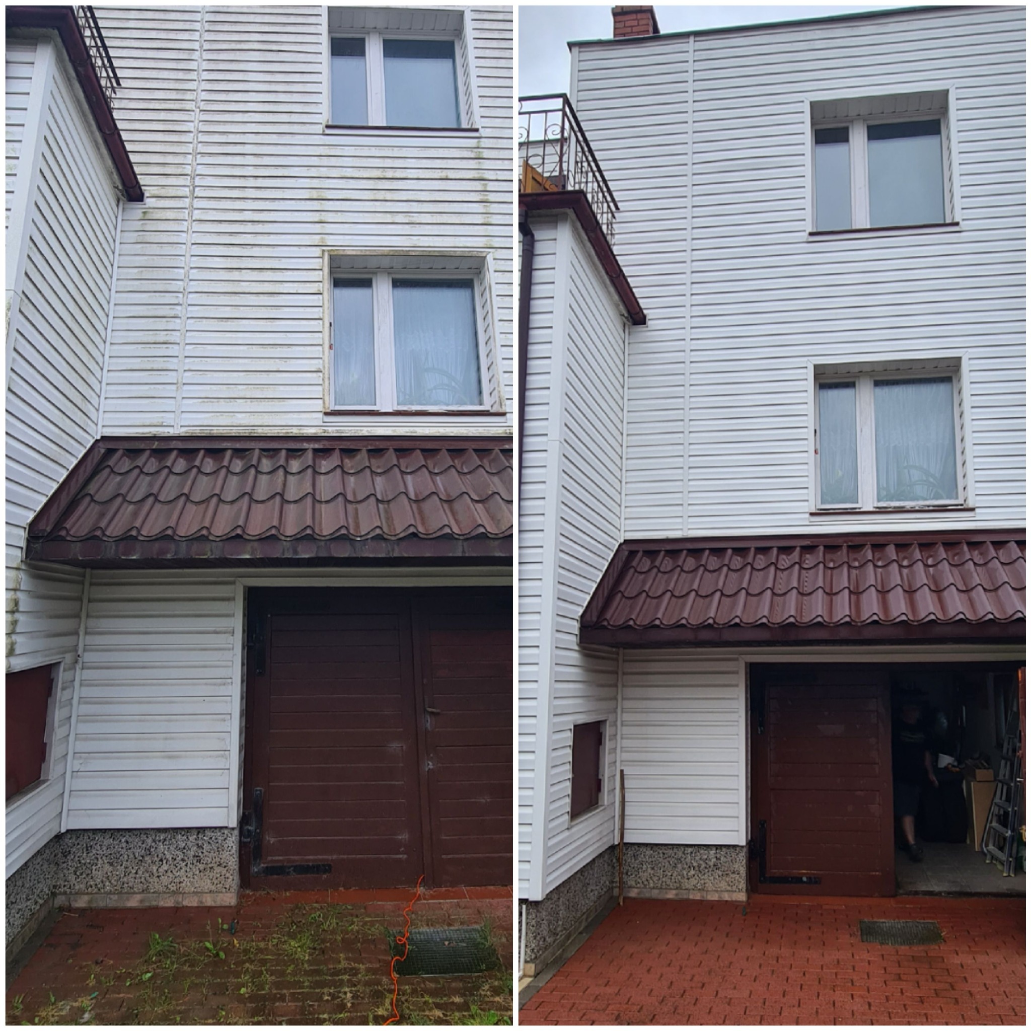 Porównanie stanu elewacji przed i po: biały siding oczyszczony z zabrudzeń, widoczne różnice w czystości powierzchni, brązowy dach nad garażem.