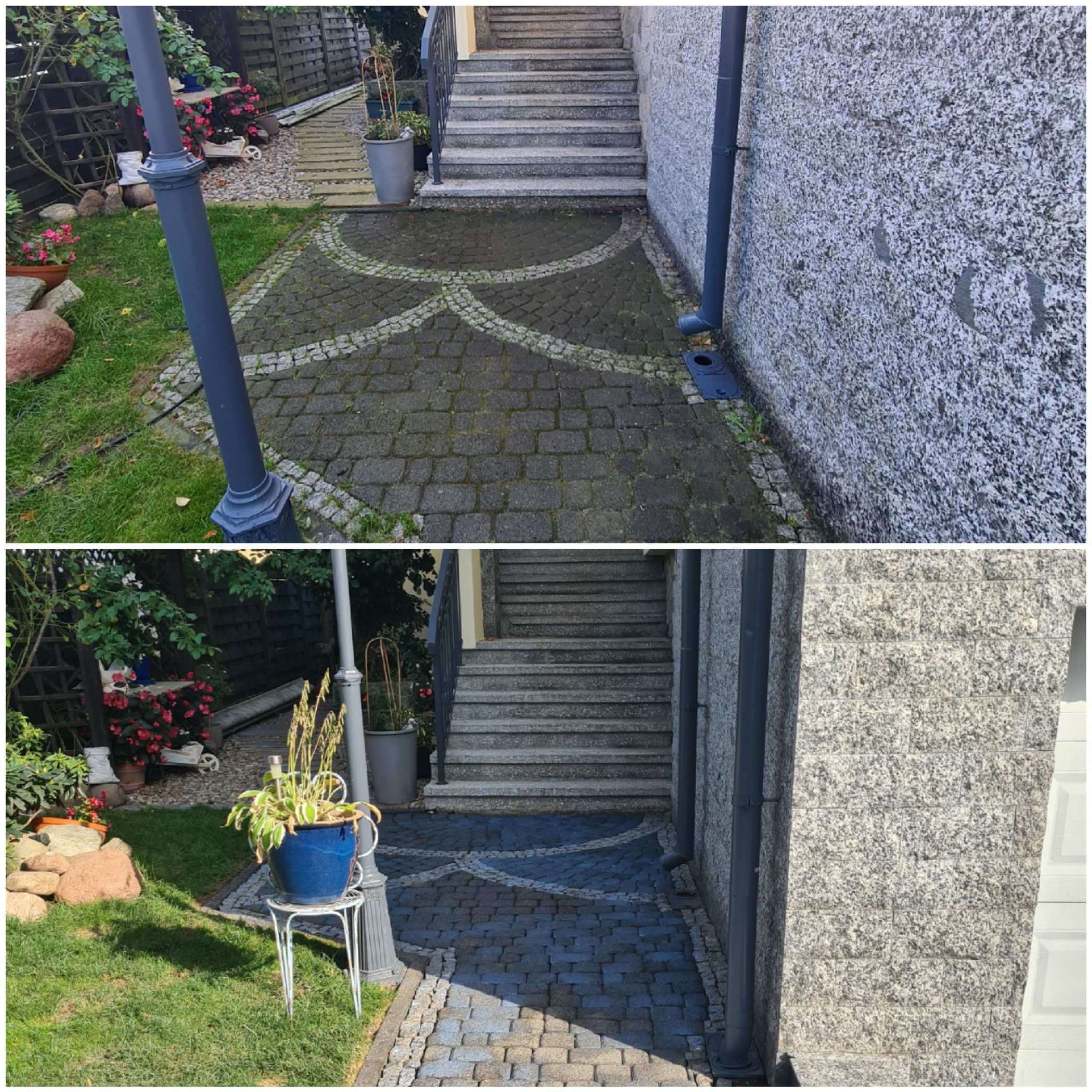 Porównanie stanu kostki brukowej przed i po czyszczeniu: górna część zdjęcia przedstawia brudną kostkę, dolna - wyczyszczoną, z widoczną różnicą w kolorze i brakiem zabrudzeń, prowadzącą do schodów...