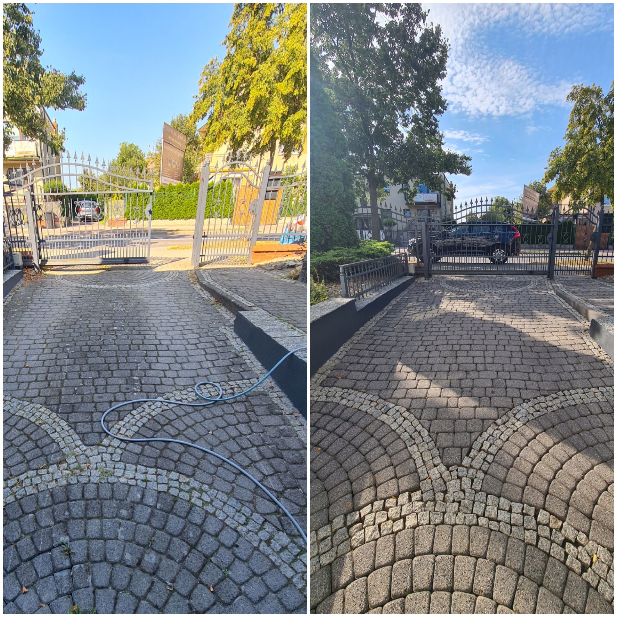 Częściowo umyta kostka brukowa na podjeździe przed domem z otwartą bramą wjazdową, widoczny zwinięty wąż ogrodowy.