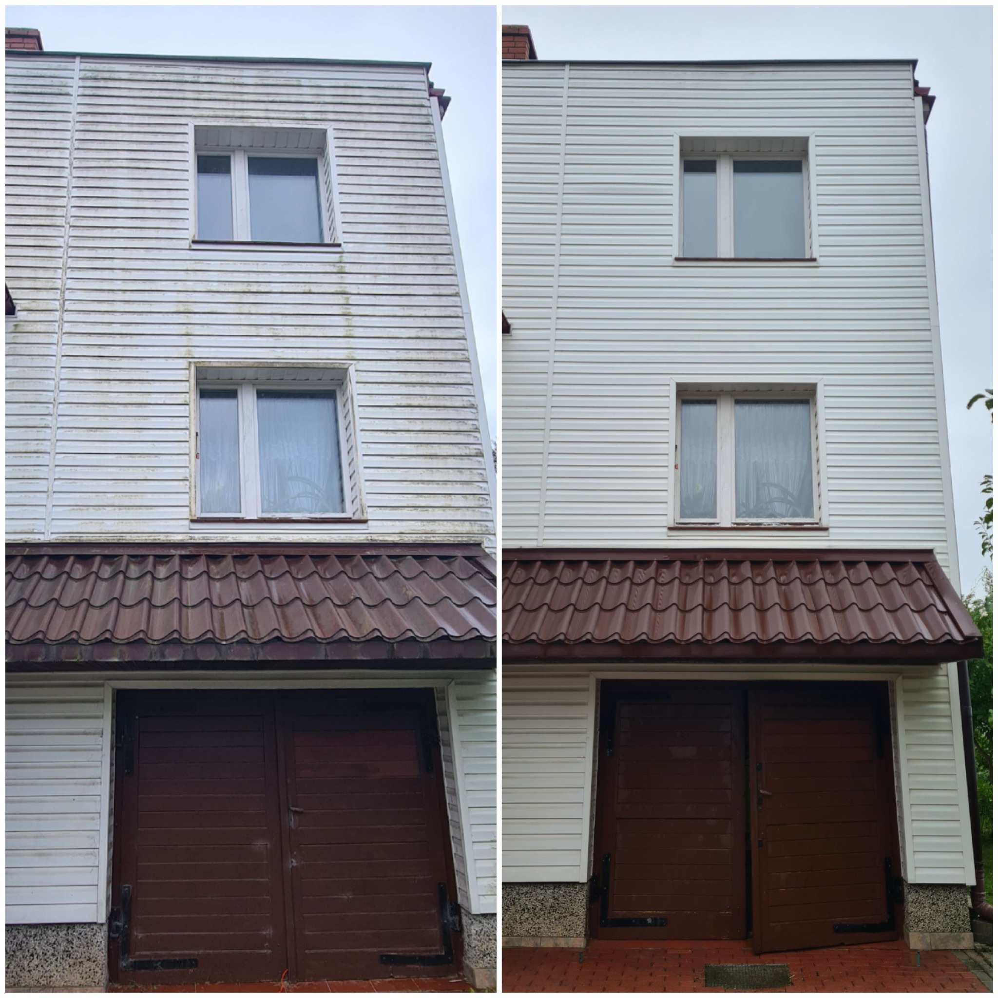 Zdjęcie typu 'przed i po' przedstawiające dwukondygnacyjny budynek z elewacją z białego sidingu, z brązowym dachem nad garażem; lewa strona zdjęcia pokazuje elewację zabrudzoną, a prawa strona po...