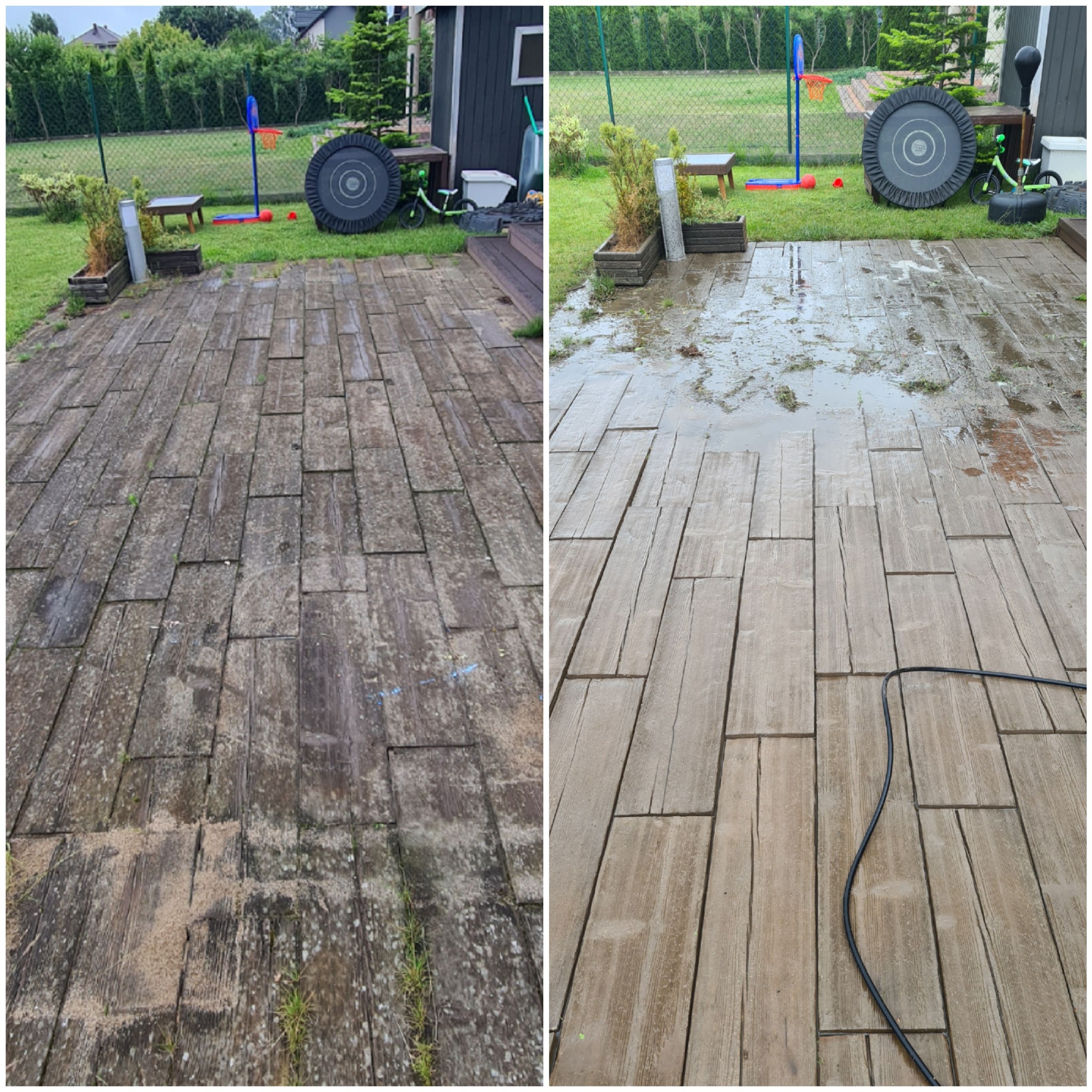 Porównanie stanu kostki brukowej przed i po czyszczeniu: po lewej stronie zabrudzona piaskiem i mchem, po prawej świeżo umyta, z widocznym wężem ciśnieniowym.