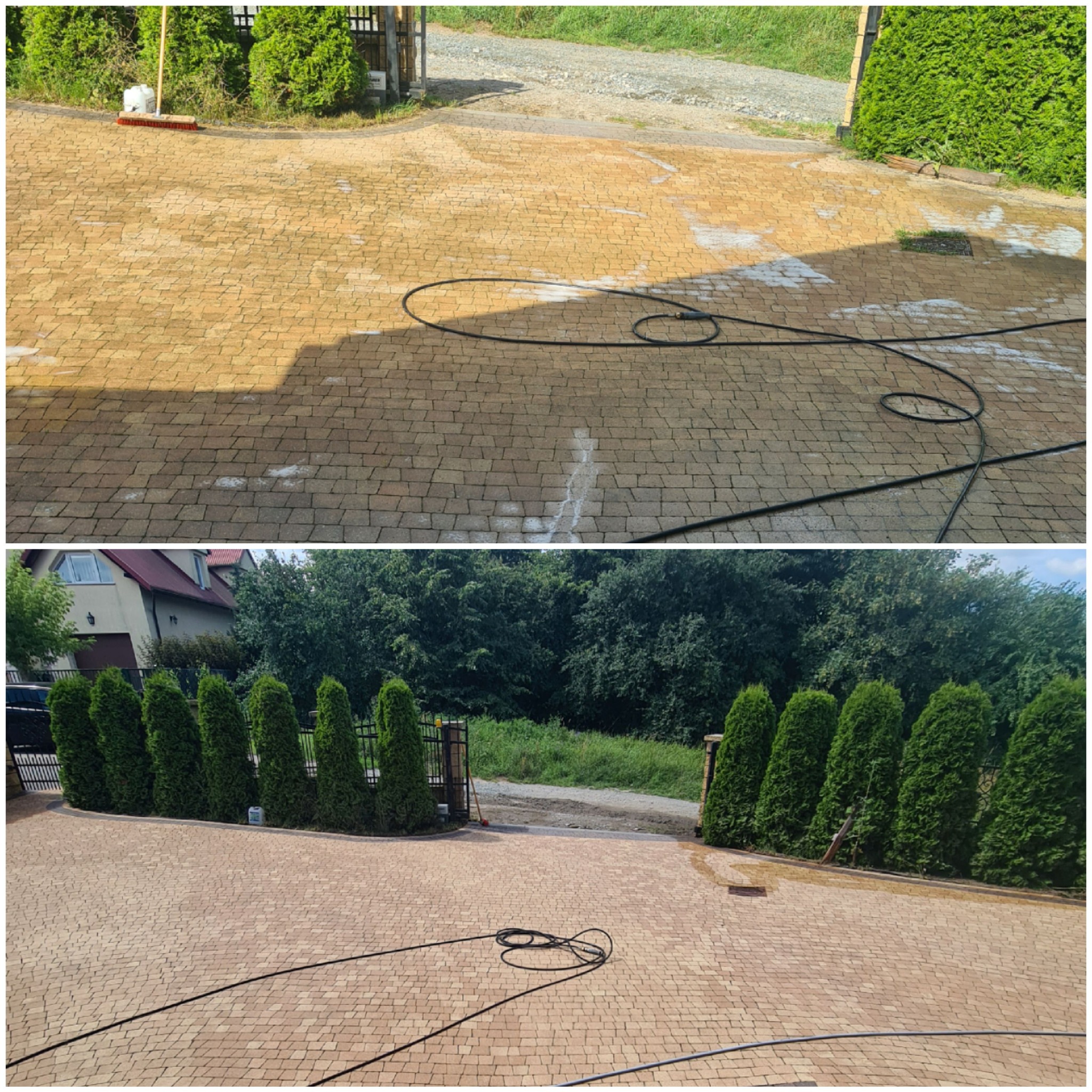 Dwuczęściowe ujęcie kostki brukowej: górne pokazuje fragment w trakcie czyszczenia z widocznym wężem i smugami wody, dolne przedstawia czystą kostkę z czarnym wężem i rzędem tuj w tle.